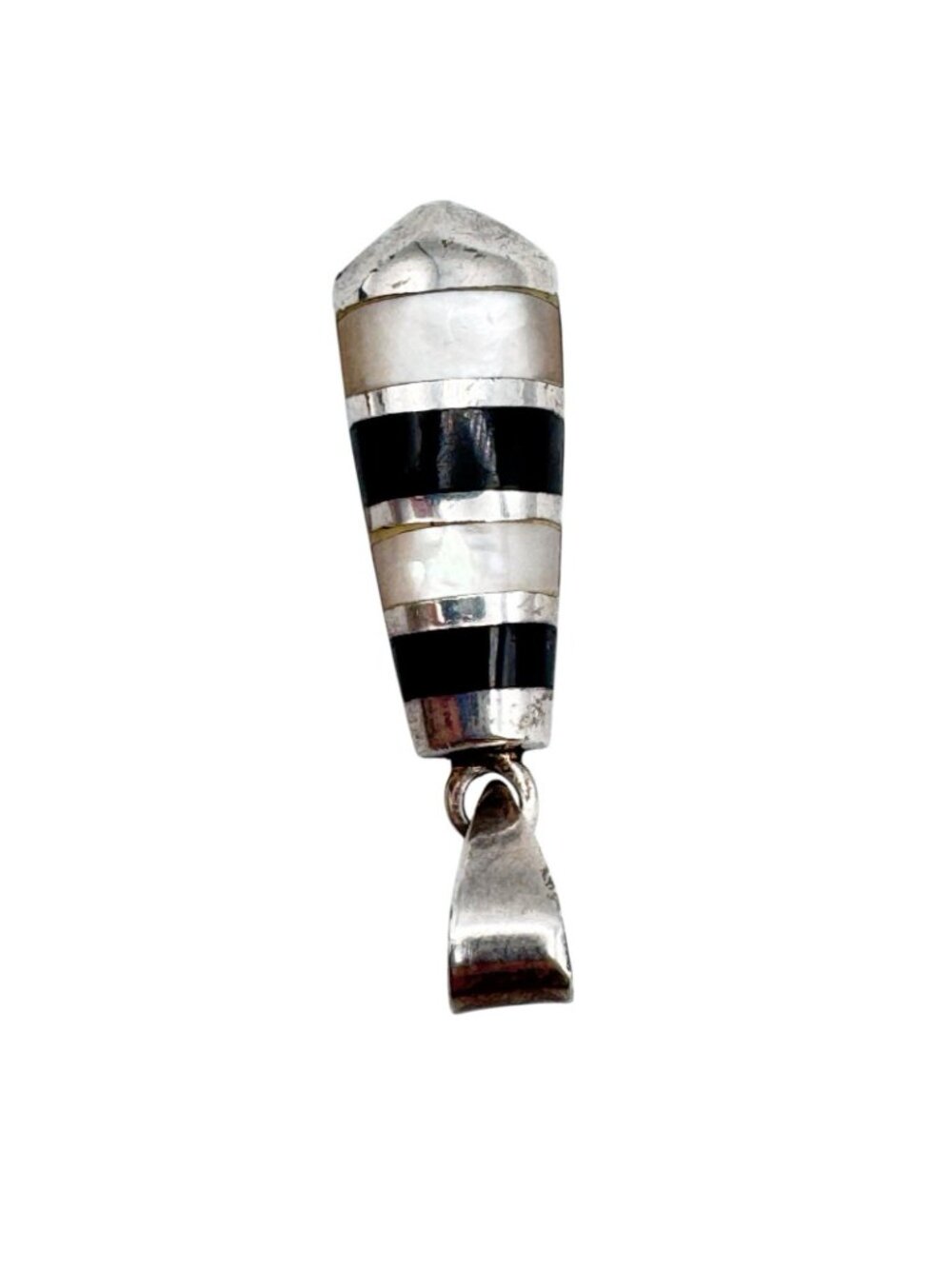 Black Onyx Mother Of Pearl Pendant Sterling Silver Inlay 1.25" Vintage Signed PD - Picture 3 of 6